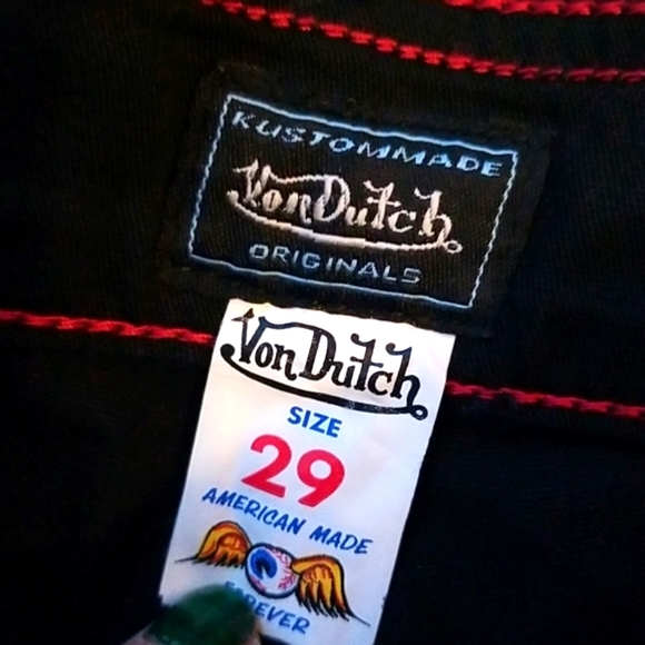 VON DUTCH Y2k Pink Patch Black Denim Pocket Flare Low Rise Snap Zip Jeans NEW 29 - Picture 10 of 16
